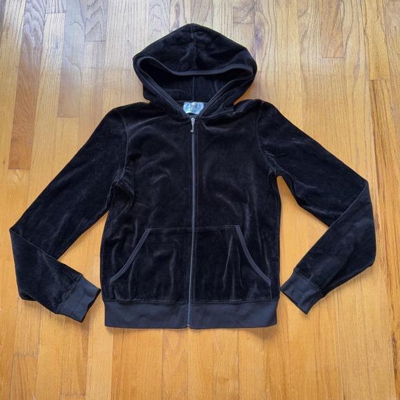 Juicy Couture Y2K Vintage Velour Hoodie XL Black Zip Up Made USA Loungewear - Picture 1 of 12